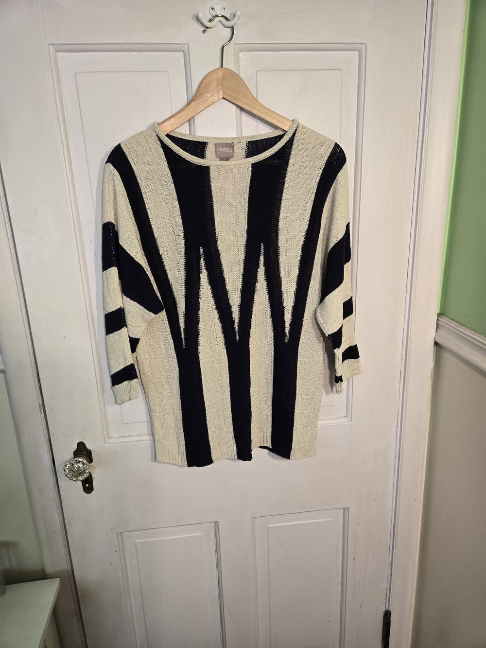 Chico's Cream and Black Geometric Stripe Crew Sweater